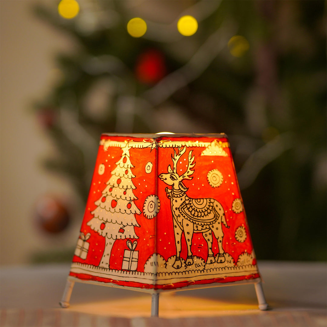 6 inch | Red Christmas Motifs Hand Painted Tholu Bommalata Tabletop Lamp