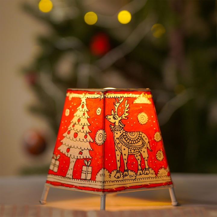 6 inch | Red Christmas Motifs Hand Painted Tholu Bommalata Tabletop Lamp