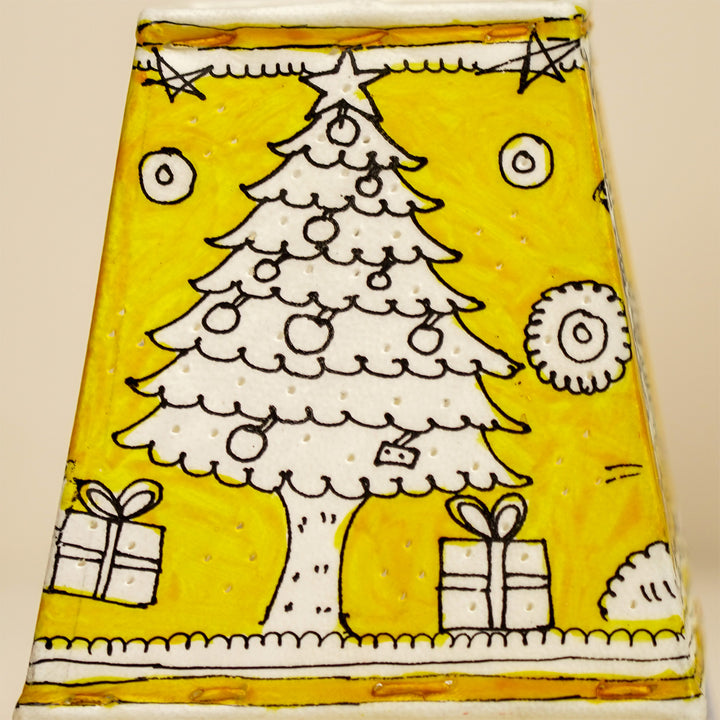 6 inch | Yellow Christmas Motifs Hand Painted Tholu Bommalata Tabletop Lamp