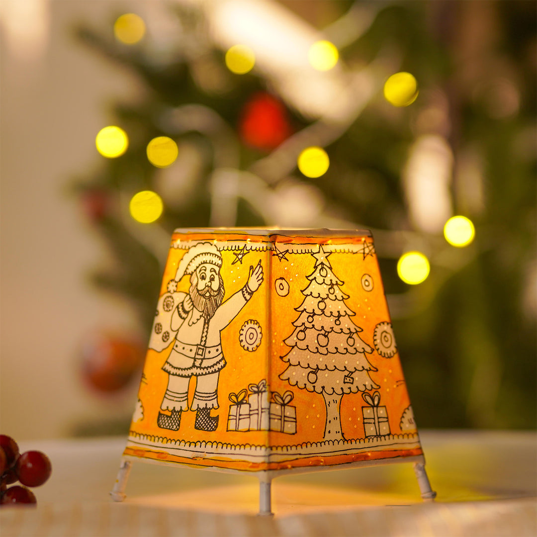 6 inch | Yellow Christmas Motifs Hand Painted Tholu Bommalata Tabletop Lamp