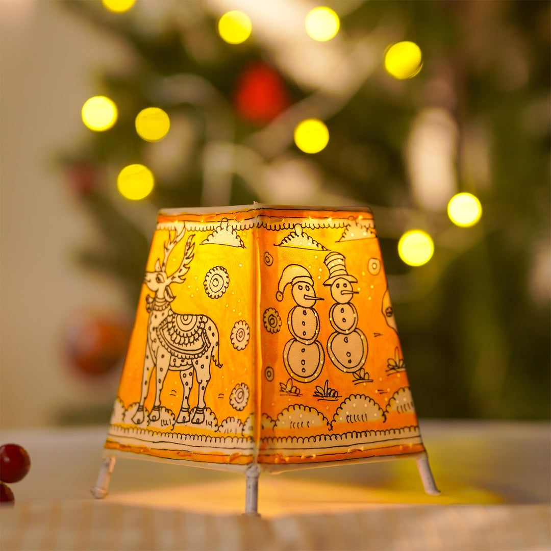 6 inch | Yellow Christmas Motifs Hand Painted Tholu Bommalata Tabletop Lamp