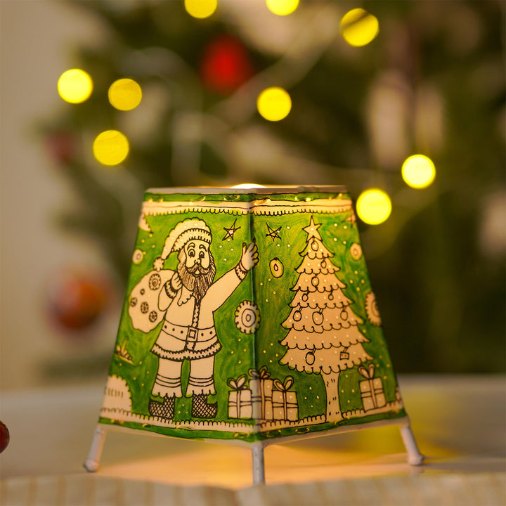 6 inch | Green Christmas Motifs Hand Painted Tholu Bommalata Tabletop Lamp