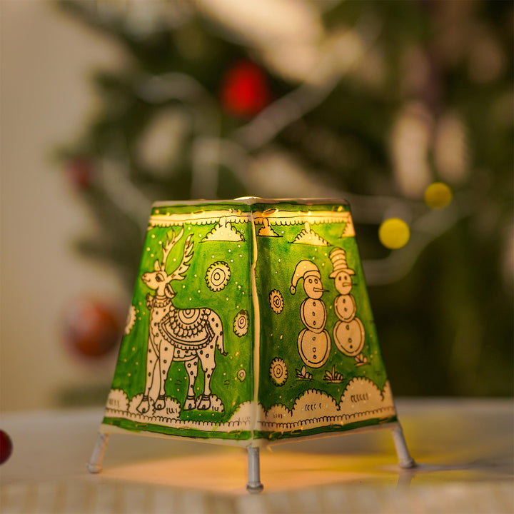 6 inch | Green Christmas Motifs Hand Painted Tholu Bommalata Tabletop Lamp