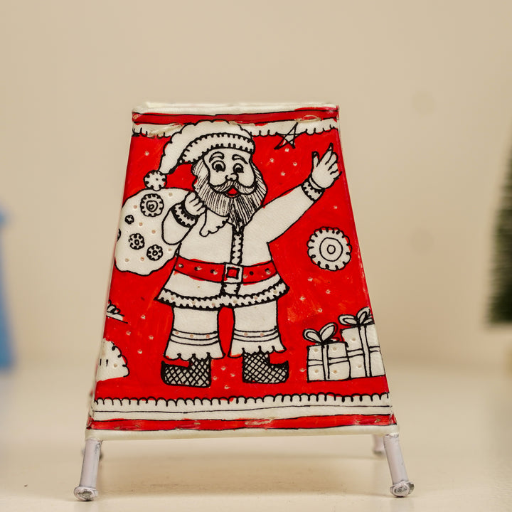 6 inch | Red Christmas Motifs Hand Painted Tholu Bommalata Tabletop Lamp