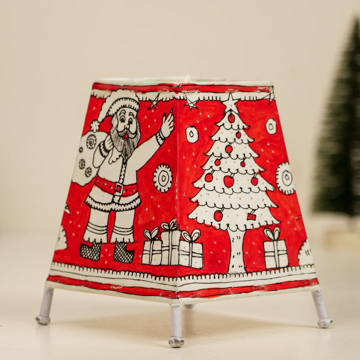 6 inch | Red Christmas Motifs Hand Painted Tholu Bommalata Tabletop Lamp