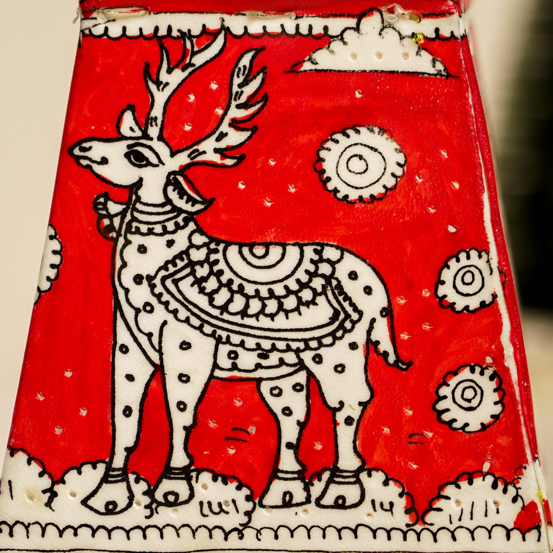 6 inch | Red Christmas Motifs Hand Painted Tholu Bommalata Tabletop Lamp