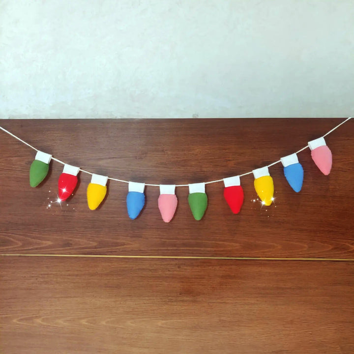 Handmade Felt String Of Felt Light Bulbs Christmas Ornament - Front View Hanging on String