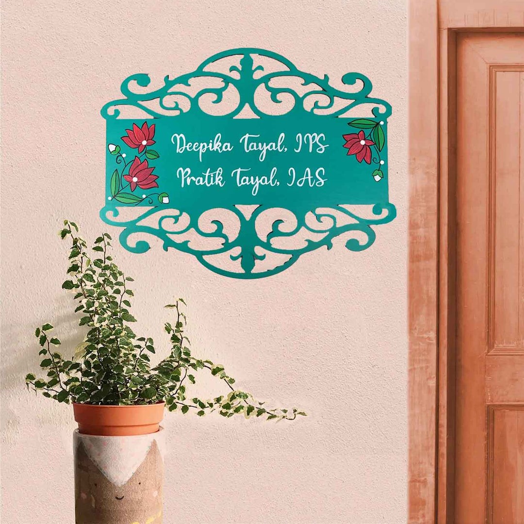 Rectangle Hand Painted Madhubani Art Name Plate For Ias And Ips - Mounted on Wall Near Door