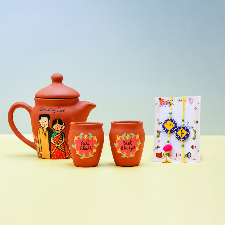 Terracotta Caricatures Teaset For Bhaiya Bhabhi With Rakhi - Front View with Cups and Rakhis