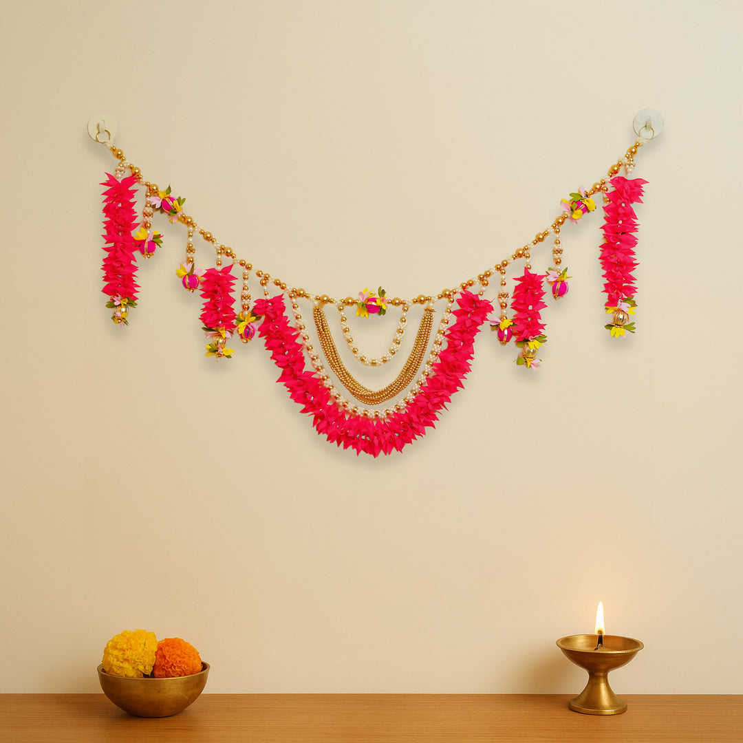 40 / 44 In | Handmade Beaded Rani Pink Gajra With Moti Toran