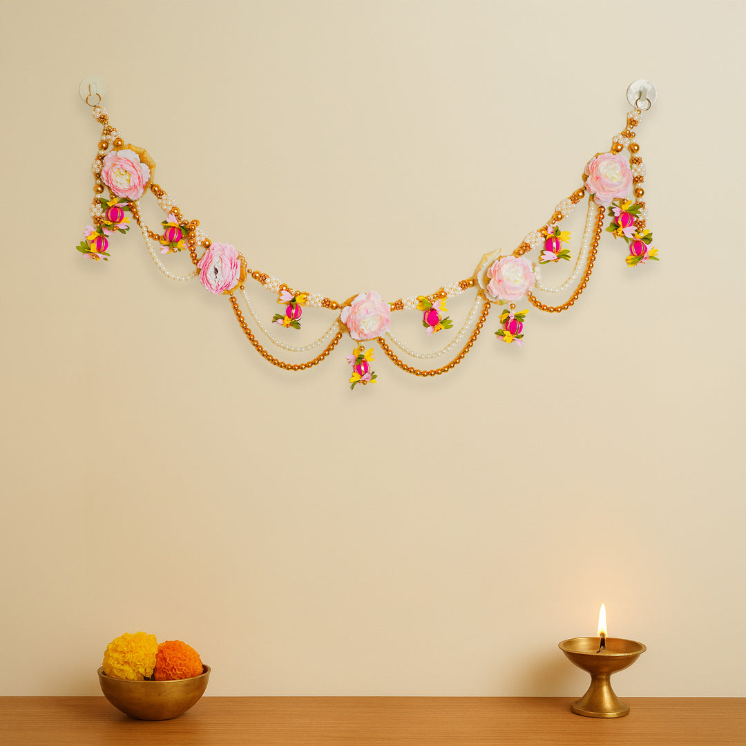 40 / 44 In | Handmade Beaded Pink Rose Flower & Moti Toran