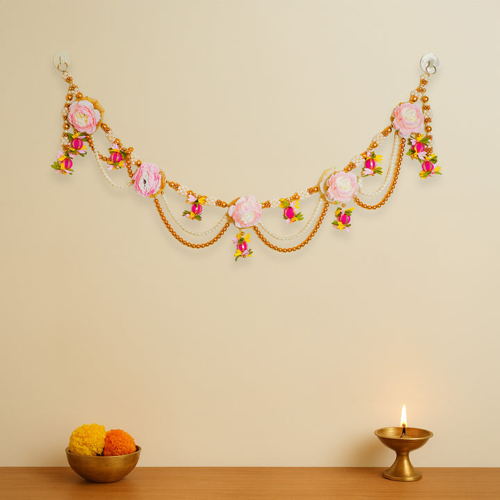 40 / 44 In | Handmade Beaded Pink Rose Flower & Moti Toran