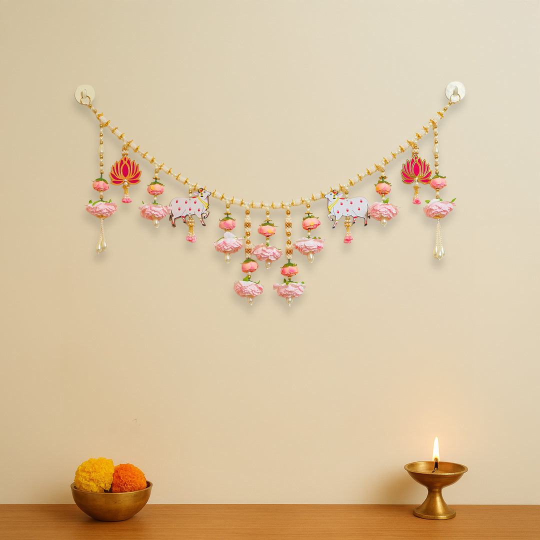 40 / 44 In | Handmade Pink Floral Pichwai Cow Toran