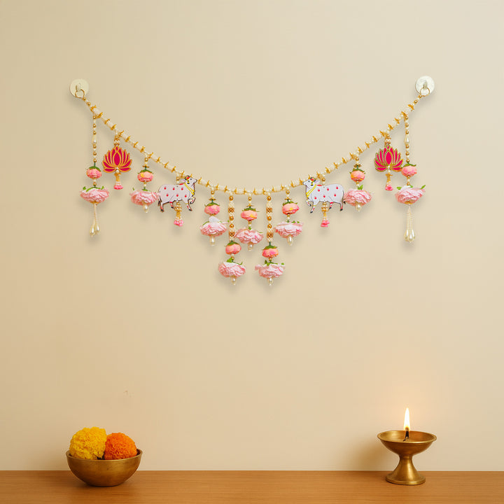 40 / 44 In | Handmade Pink Floral Pichwai Cow Toran