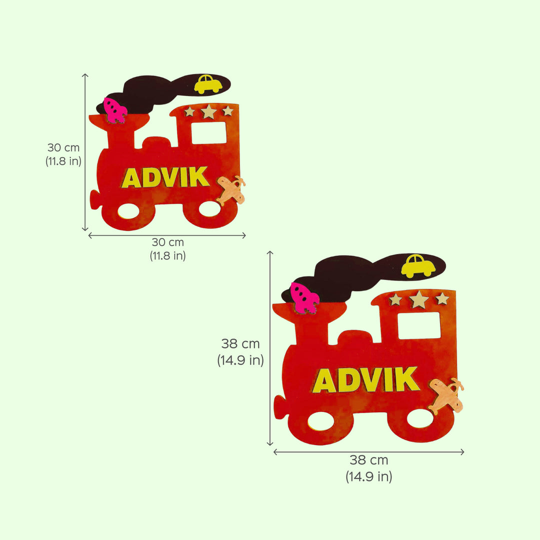 Train Theme Kids Name Plate - Front View with Size Dimensions