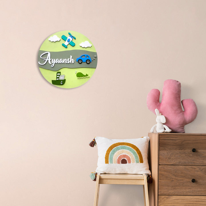 Transport Theme Kids Name Plate - Mounted on Wall Personalized Example