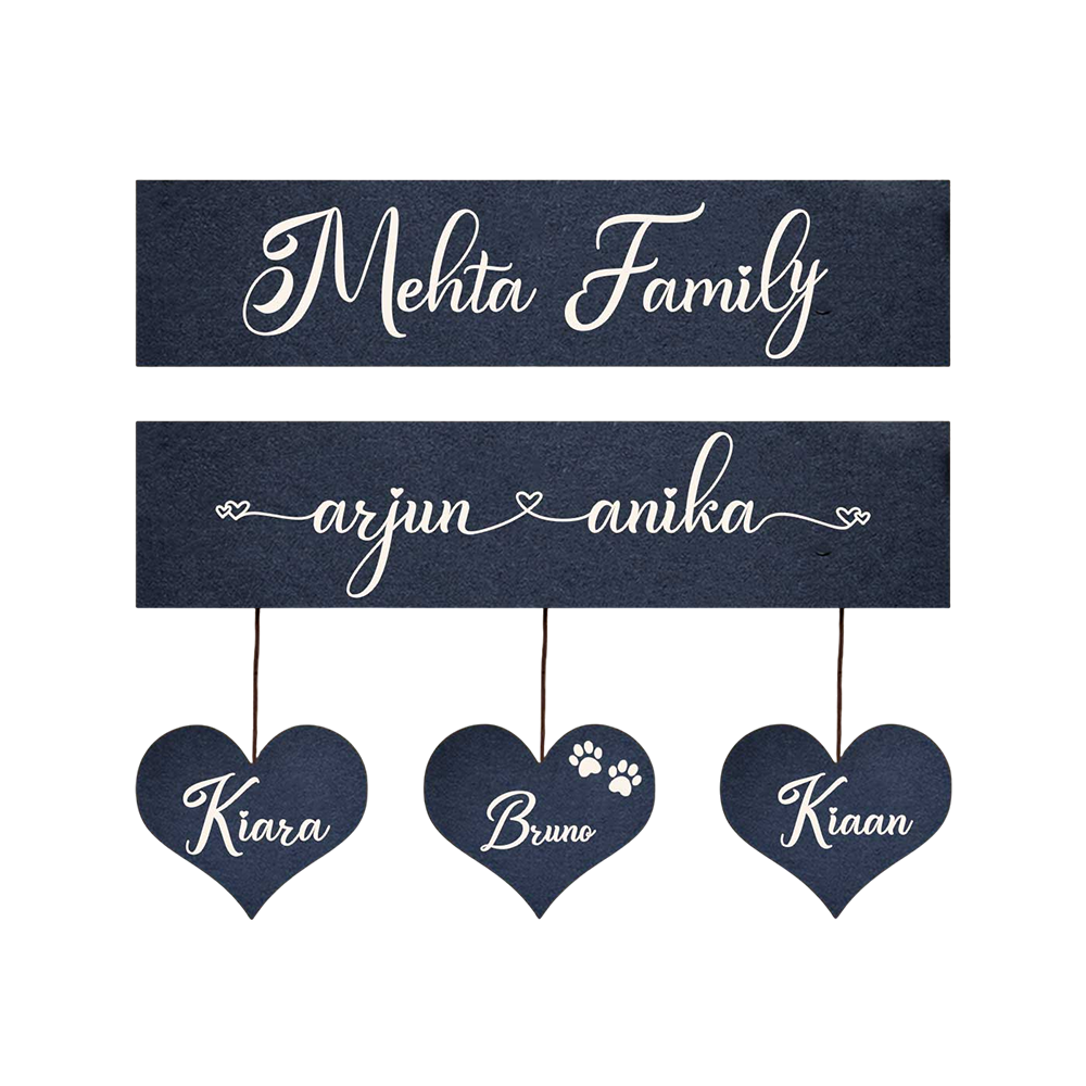 Minimalist 3D Nameplate For Couples With House Number Copy - Name Personalization Example with Hanging Hearts