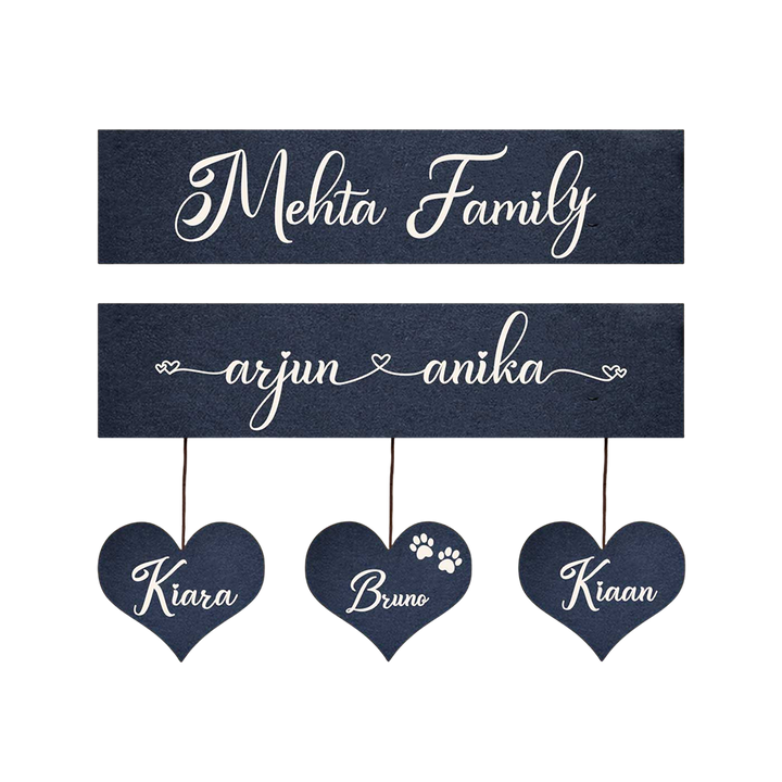 Minimalist 3D Nameplate For Couples With House Number Copy - Name Personalization Example with Hanging Hearts