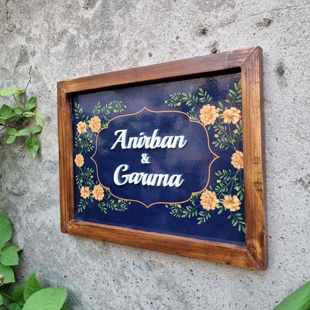 Personalized Marigold Printed Name Plate With 3D Letters - Mounted on Concrete Wall Angle View