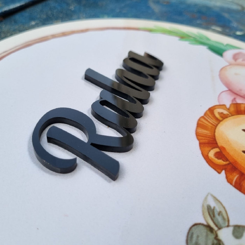Personalized Animal Printed Kids Name Plate With 3D Letters 1 - Angled Close-up Showing Depth