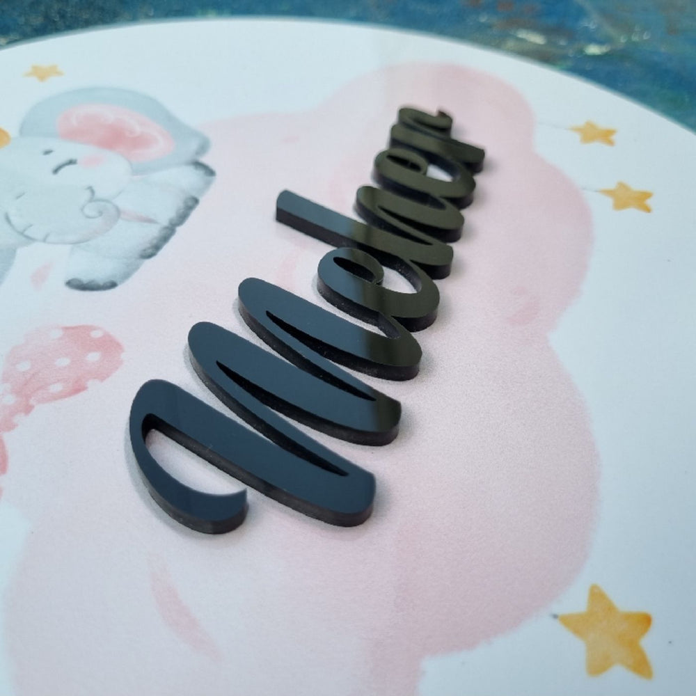 Personalized Elephant Queen Printed Kids Name Plate With 3D Letters - Side Angle Showing Letter Thickness