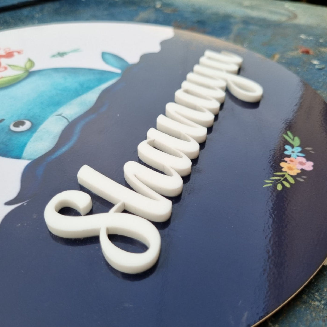 Personalized Mermaid Printed Kids Name Plate With 3D Letters - Close-up of Name Personalization Lettering