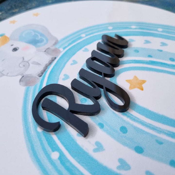 Personalized Elephant King Printed Kids Name Plate With 3D Letters - Personalized Name Close-up Angle