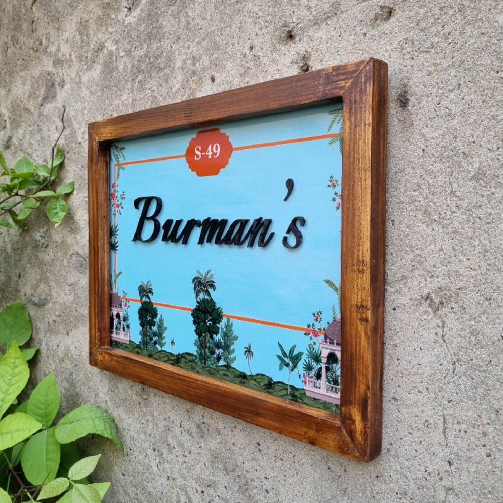Personalized Mughal Design Printed Name Plate With 3D Letters - Side View Mounted on Wall