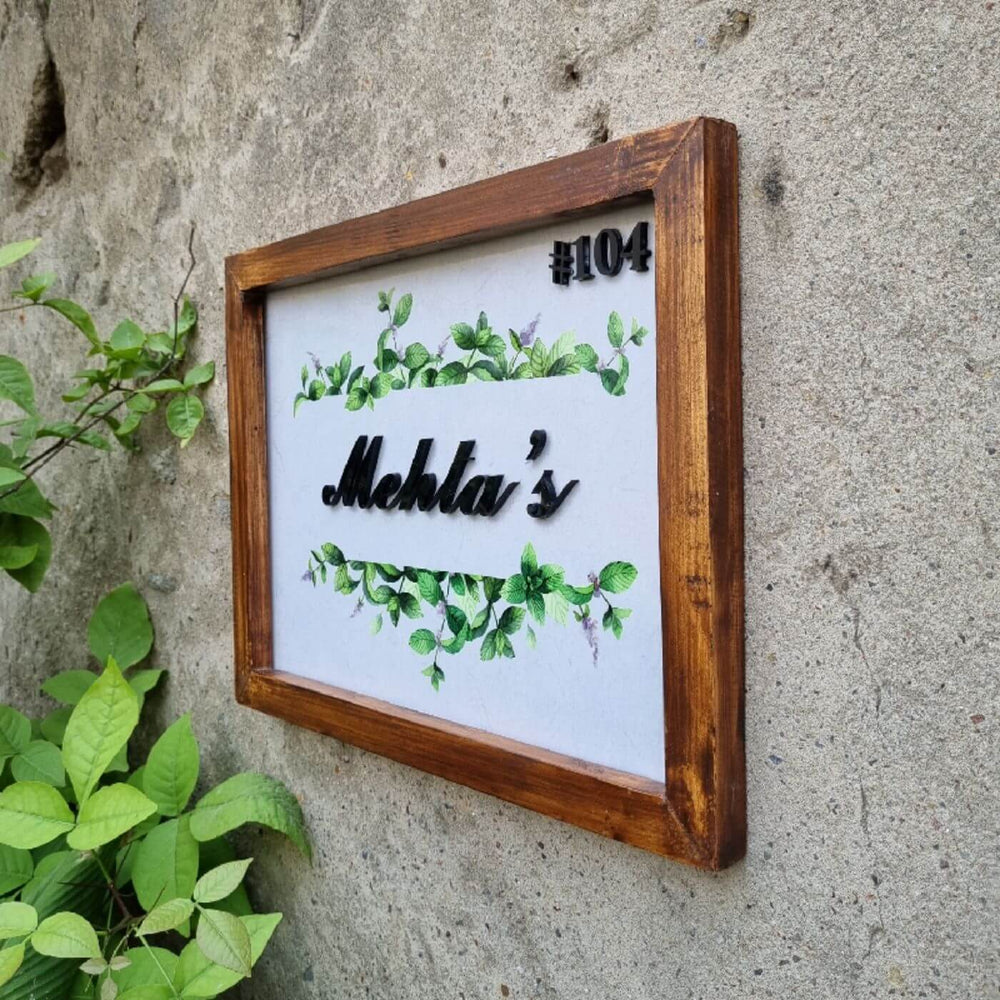 Personalized Leaf Design Printed Name Plate With 3D Letters - Angled Side View Mounted on Wall