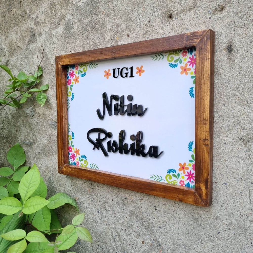Personalized Mexican Floral Printed Name Plate With 3D Letters - Mounted on outdoor wall angle view