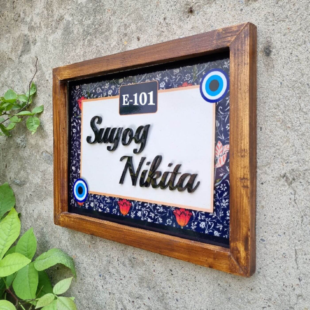 Personalized Evil Eye Design Printed Name Plate With 3D Letters - Angled Wall Mount View