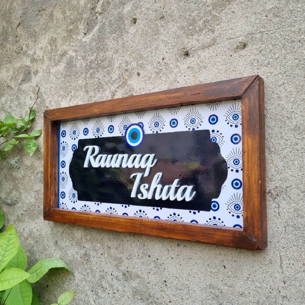 Personalized Evil Eye Printed Name Plate With 3D Letters - Mounted on Exterior Wall Angle
