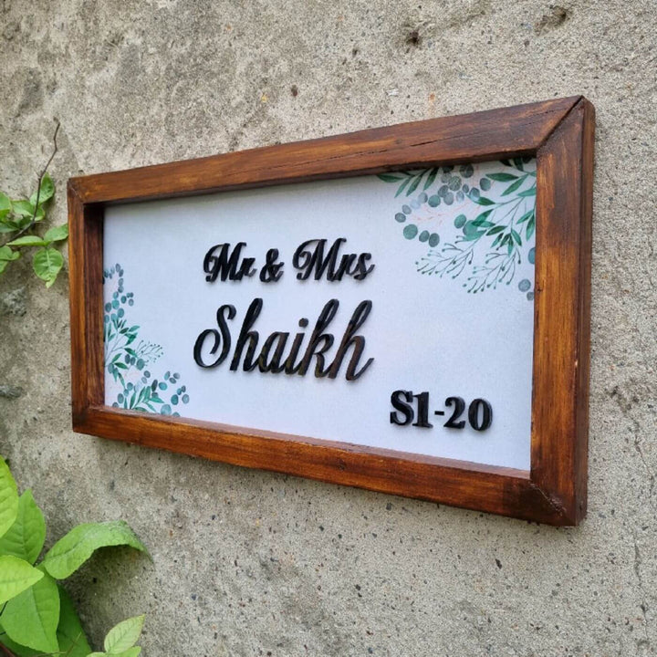 Personalized Leafy Design Printed Name Plate With 3D Letters - Mounted on Concrete Wall Angle