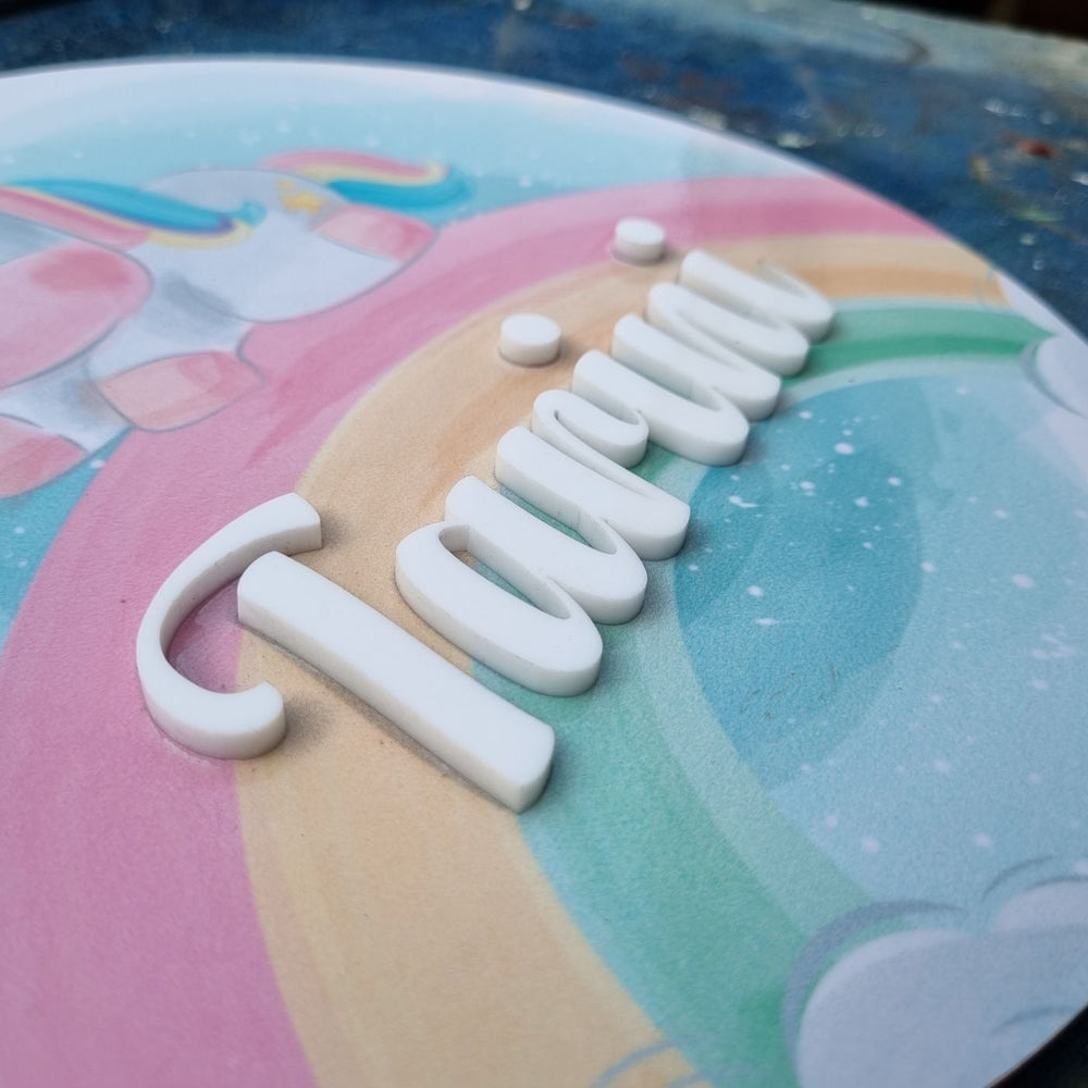 Personalized Unicorn Printed Kids Name Plate With 3D Letters - Close-up of Name Personalization Raised Letters