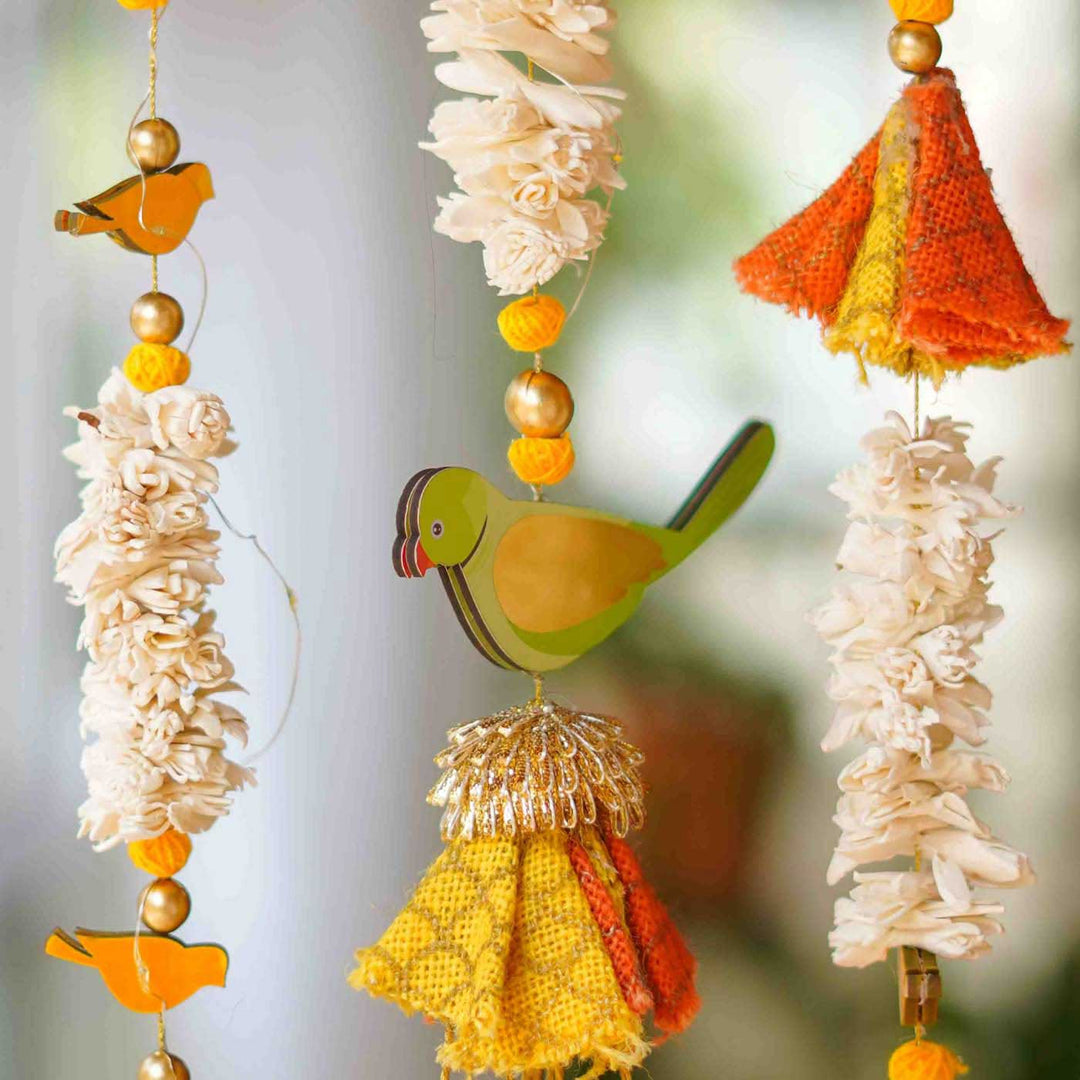 6 Pc | Handmade Parandi Bird Jute Wall Hanging Strings in Different Lengths With LED Lights & Shola Accents