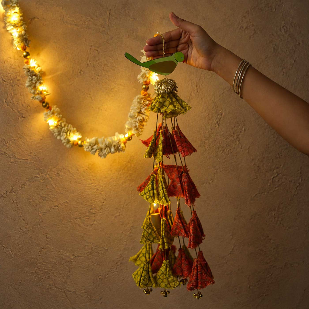 6 Pc | Handmade Parandi Bird Jute Wall Hanging Strings in Different Lengths With LED Lights & Shola Accents