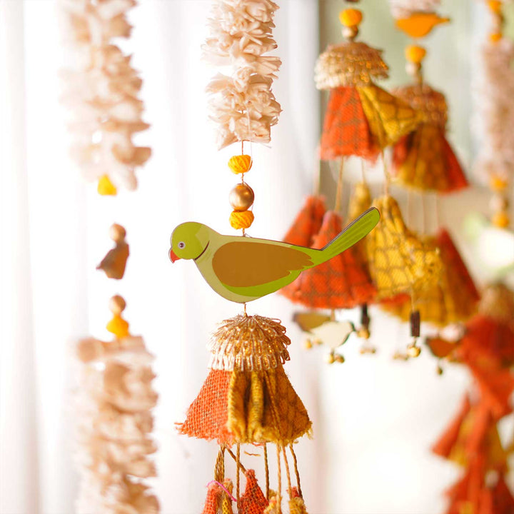 6 Pc | Handmade Parandi Bird Jute Wall Hanging Strings in Different Lengths With LED Lights & Shola Accents