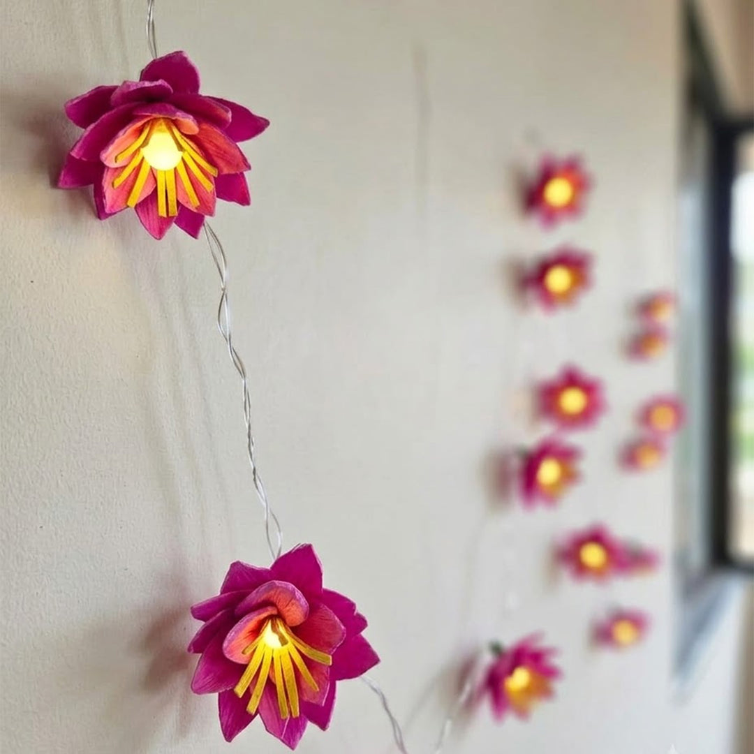 Handmade Water Lily Sholapith Flower LED Fairy Light For Festive Decor