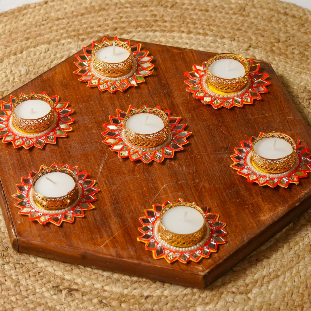 Handmade Mirror Work Red Tealight Holders | Set Of 7