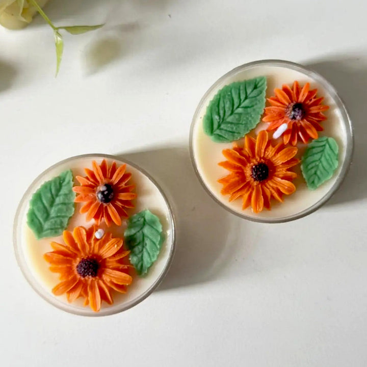 Handmade Round Sunflower Soy Wax Candles | Set Of 2