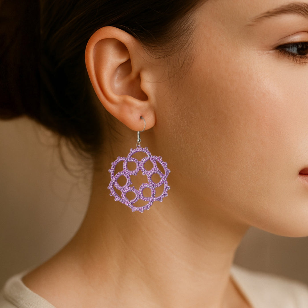 Handmade Tatting Violet Star Burst Cotton Metallic Earrings
