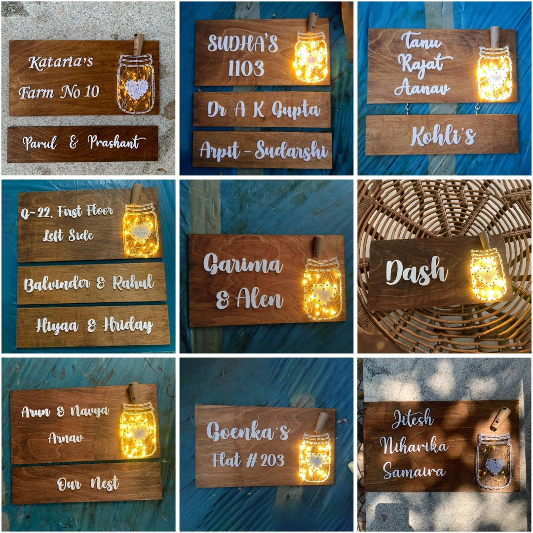 Mason Jar String Art Family Name Plate - Multiple Examples of Front View Personalized Signs