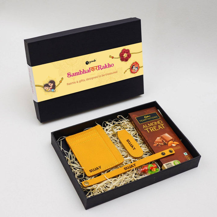 Personalised Rakhi Hamper With Genuine Leather Accessories - Gift Box Light Yellow Edition