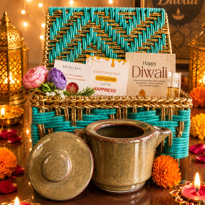 Green Chai & Diya Metal Jute Basket Diwali Gift Hamper With Tea Kettle, Mug And Matka Soy Wax Candle For Festive Gifting