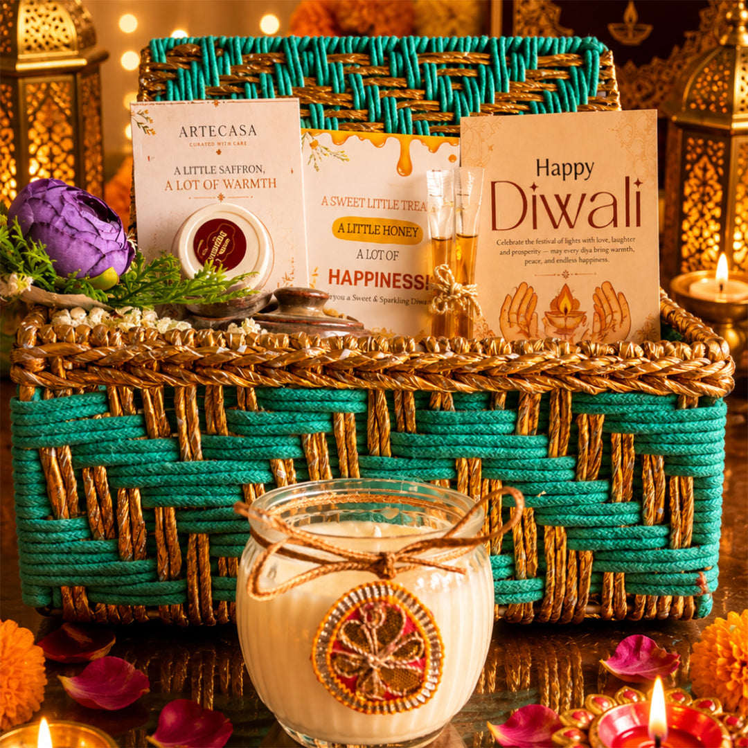 Green Chai & Diya Metal Jute Basket Diwali Gift Hamper With Tea Kettle, Mug And Matka Soy Wax Candle For Festive Gifting
