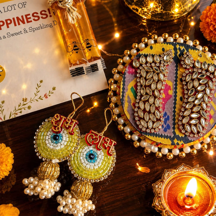 Emerald Glow Green Stand Candle Diwali Gift Hamper With Shubh Labh And Mata Laxmi Charan For Festive Gifting