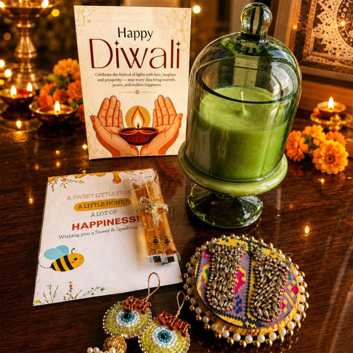 Emerald Glow Green Stand Candle Diwali Gift Hamper With Shubh Labh And Mata Laxmi Charan For Festive Gifting