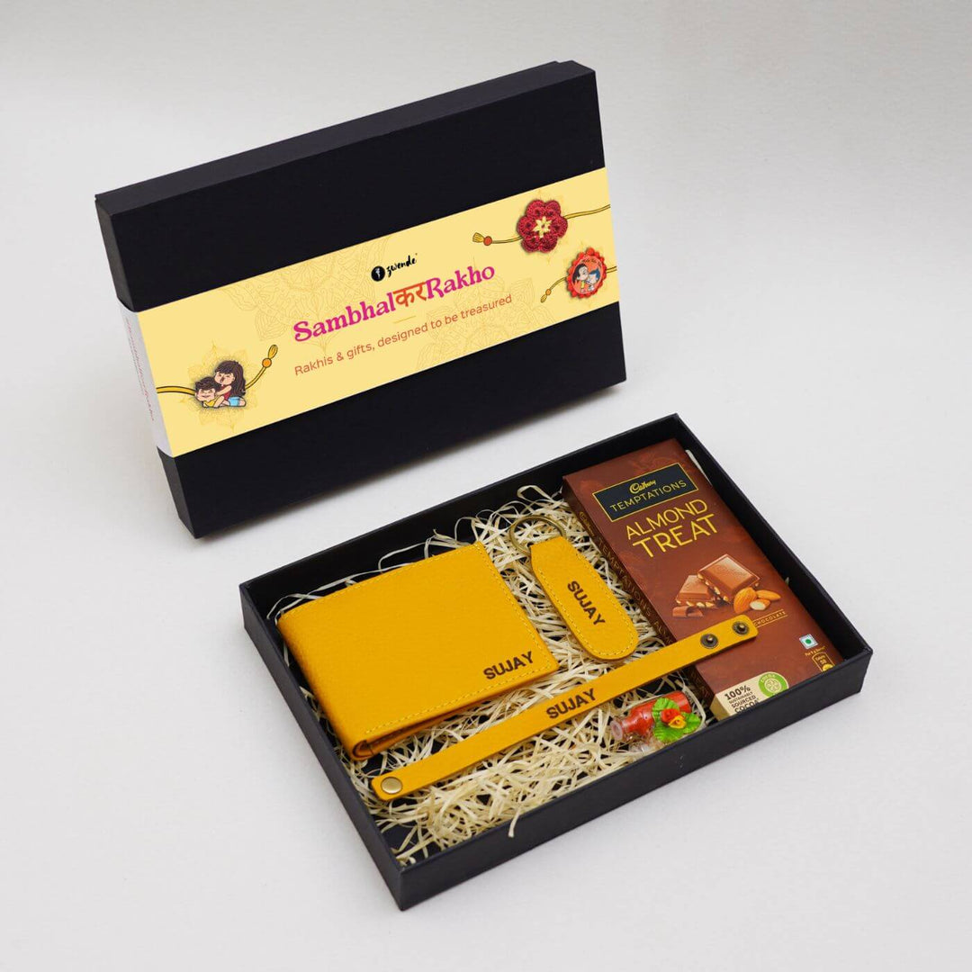 Personalised Rakhi Hamper With Genuine Leather Accessories - Gift Box Yellow Edition