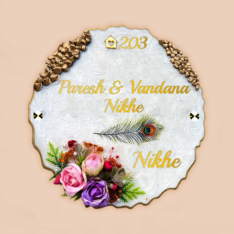 Personalized White Floral Theme Round Resin And Acrylic Waterproof Name Plate - Front View with Floral Decoration