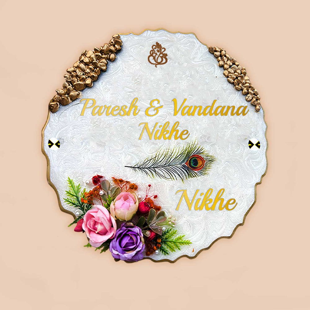 Personalized White Floral Theme Round Resin And Acrylic Waterproof Name Plate - Name Personalization Example Front View